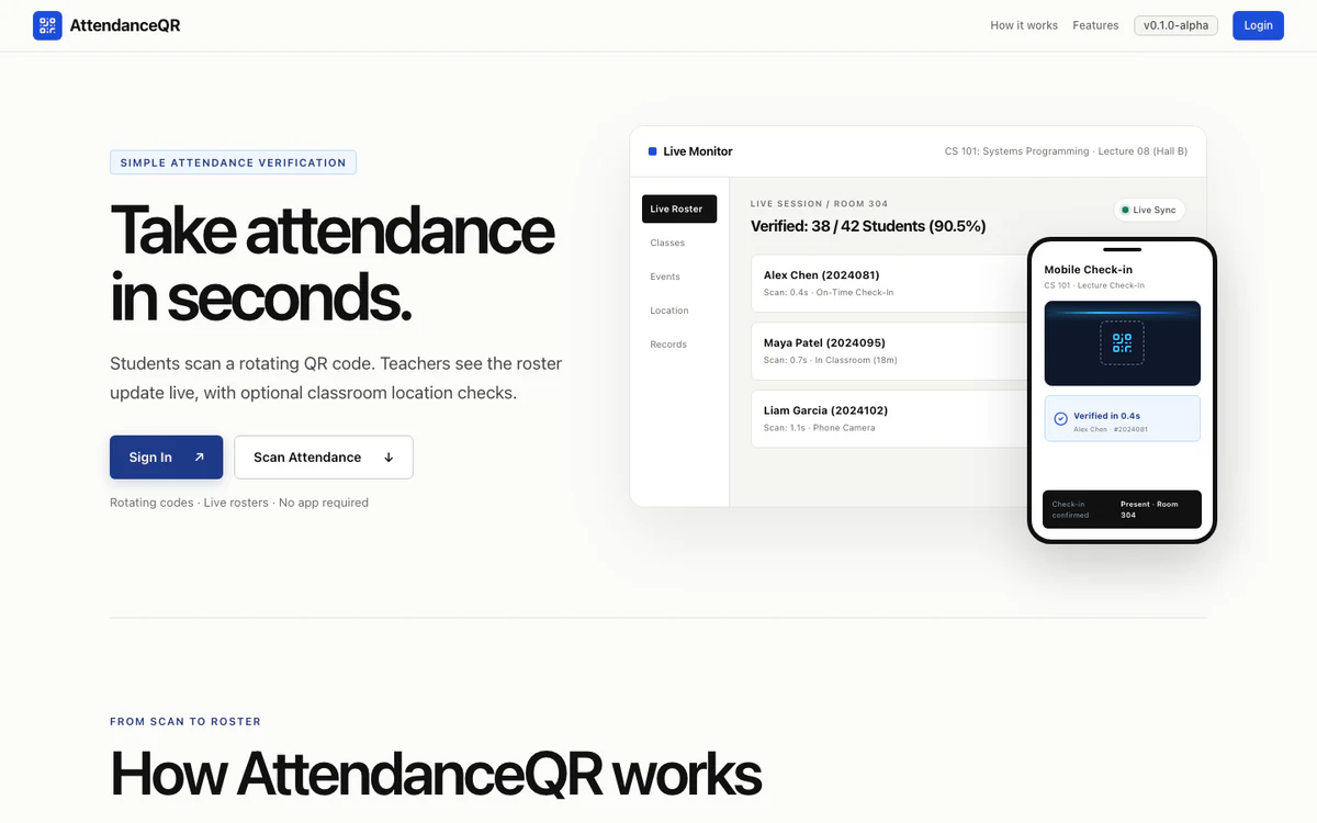 AttendanceQR landing page and attendance preview