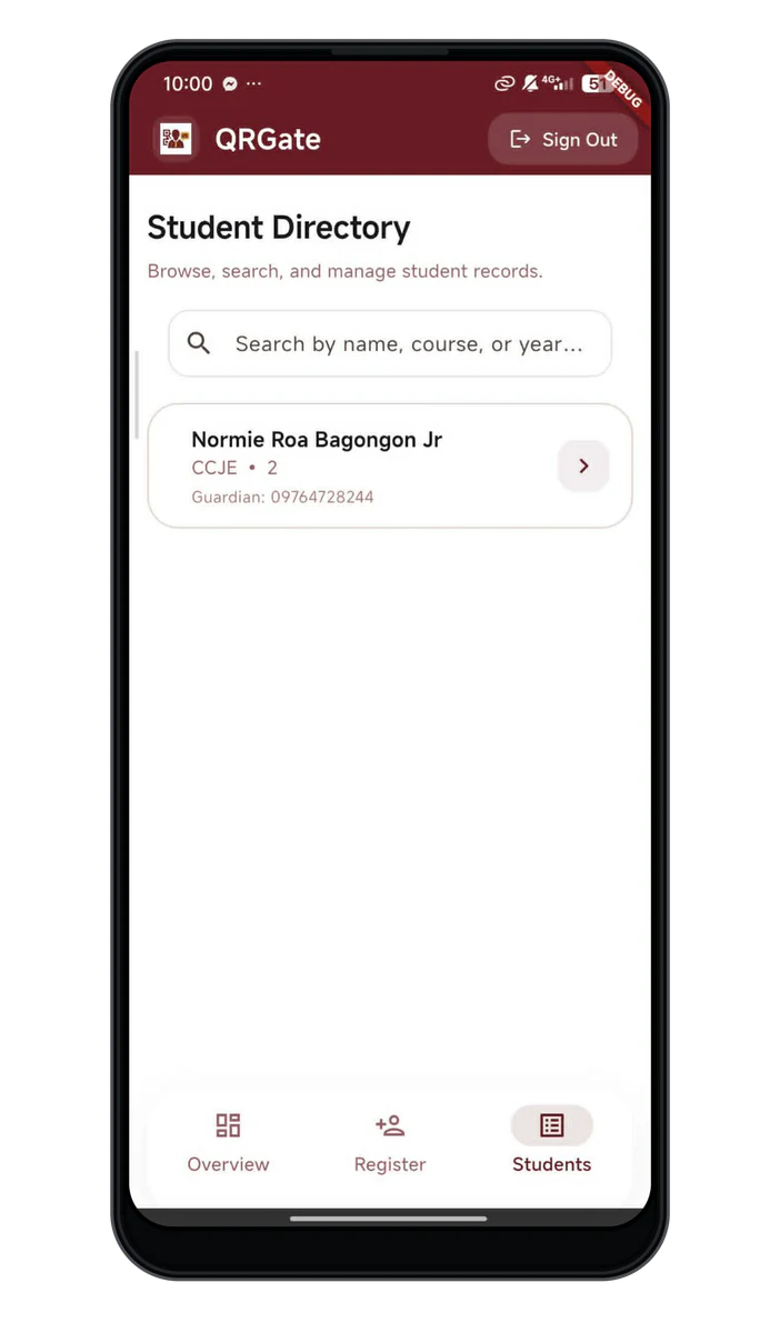 QRGate student directory mobile mockup